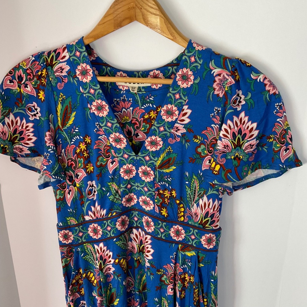 Boden Ellie Flutter Maxi Tea Dress Blue Floral Paisley Pockets US 6P D0927 - Picture 7 of 11